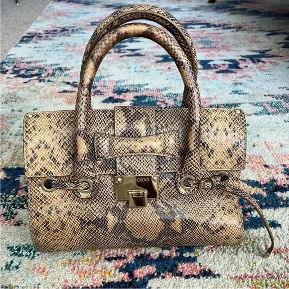 Jimmy Choo Rosalie Python-Embossed Handbag Tan Snake Print Satchel - Picture 8 of 15